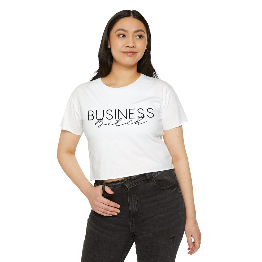 Women's Versatile Crop Top White Graphic Tee "Business Bitch"